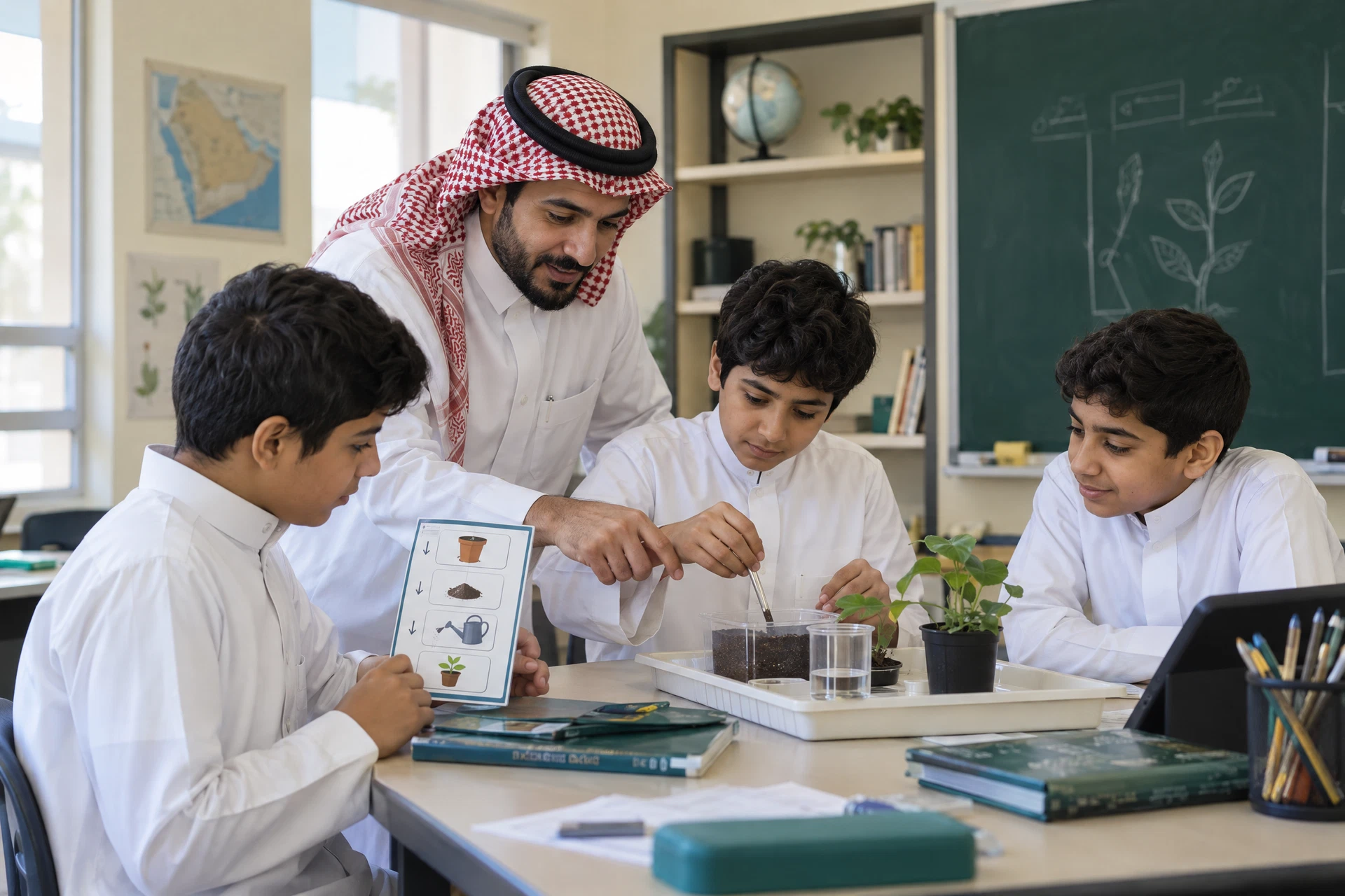 معلم سعودي يدعم مشاركة الطلاب في نشاط علمي داخل فصل تعليم عام