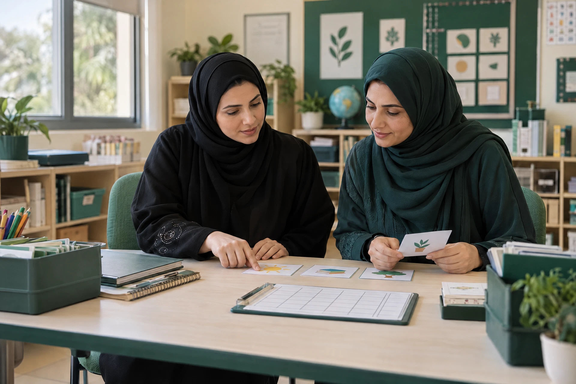 معلمتان سعوديتان تتعاونان في التخطيط لتكييف نشاط ومتابعة التعلم